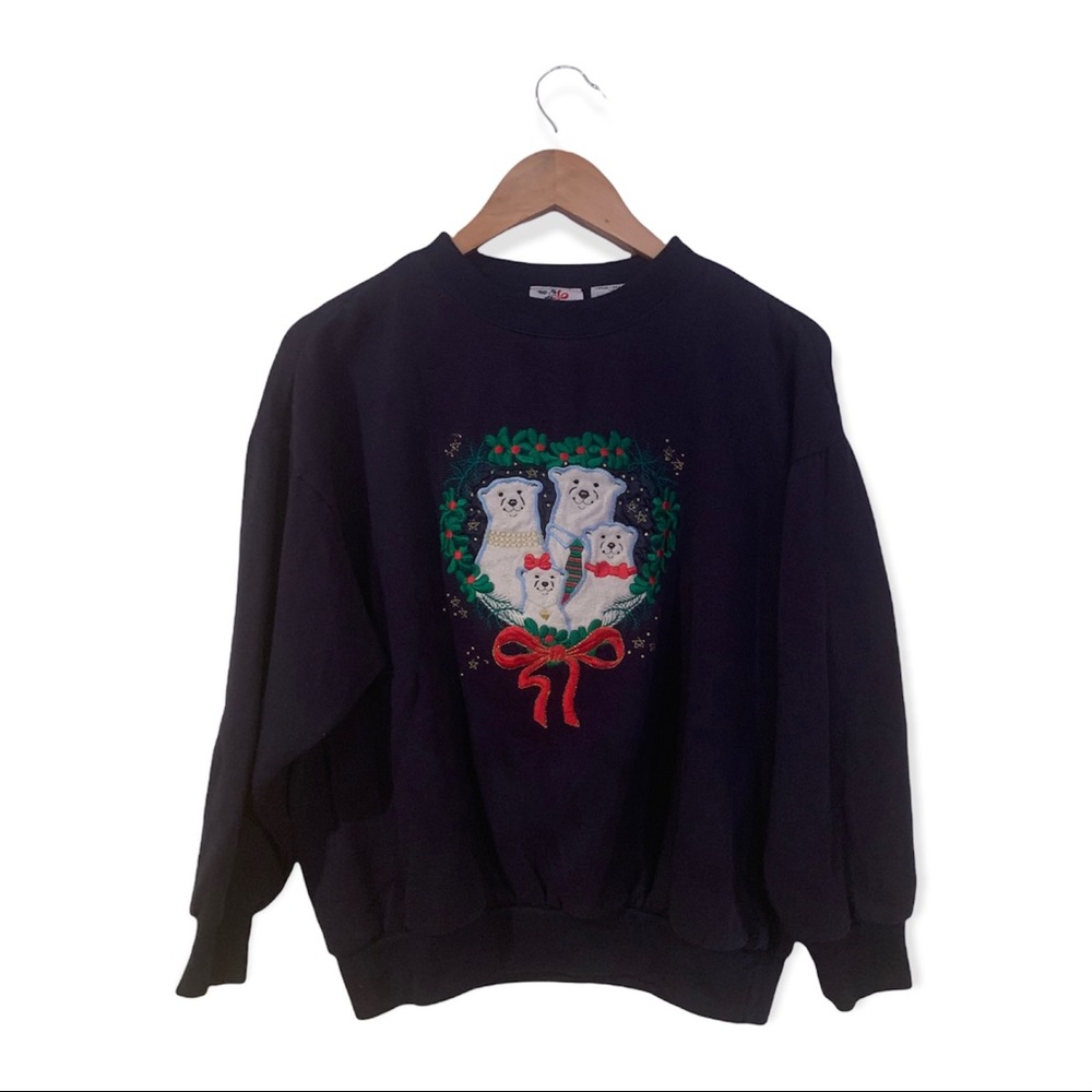 VINTAGE polar bear family Christmas X-mas blue embroidered sweater sweatshirt